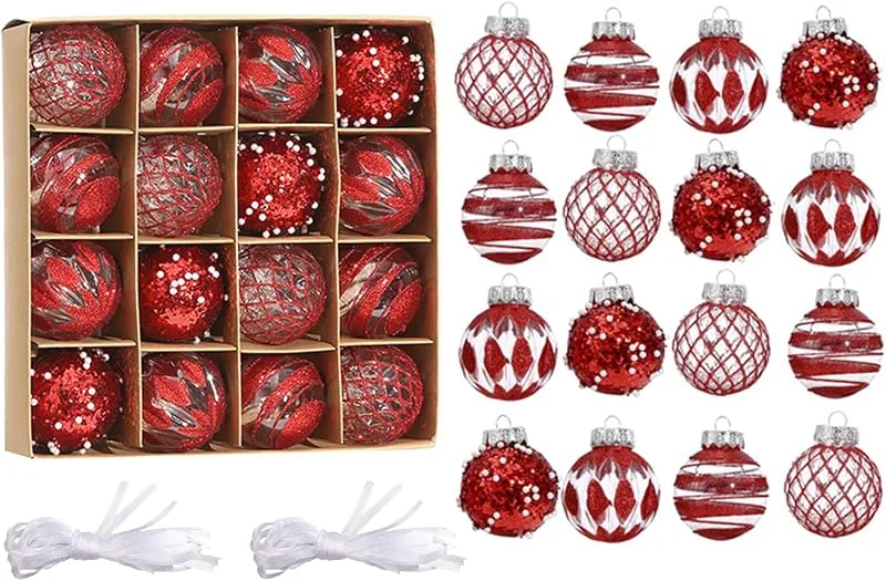 burkfeeg 16 Piezas Juego de plástico de Bolas de Navidad, 6CM Rojo Blanco — Decoracion Navidad
