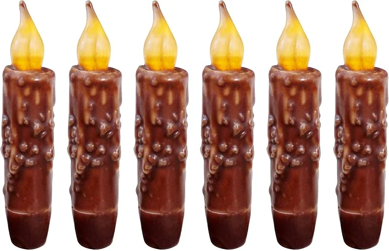 CVHOMEDECO. Velas cónicas con temporizador LED de cera real sumergidas a mano con pilas, rústicas primitivas sin llama, decoración de 4.75 pulgadas, café, 6 unidades en un paquete — Cena a la luz de velas