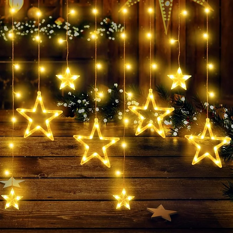 BellaAchtung Cortina de luces de 2, 3 m con 138 LED, cadena de luces con estrellas, para Navidad, con temporizador, enchufe, luz blanca cálida, para ventanas, interior y exterior, decoración — Decoracion Navidad