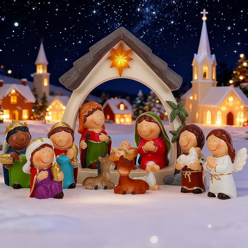Ulable Set de Belén Navideño de 12 Piezas, Nacimiento de Jesús con María, José, Niño Jesús, 3 Reyes Magos, Pastores y Ángeles, Figuras de Resina para Decoración de Mesa, Decoración Navideña Festiva — Decoracion Navidad