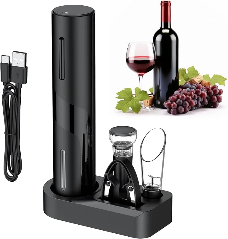 Visita la tienda de Pawfly Pawfly Juego Abrebotellas Eléctrico Recargable 5 en 1 Descorchador Automático con Aerador Vaciador Tapón al Vacío Cortafoil y Base Carga USB-C Sacacorchos Eléctrico — Vino y mesa festiva