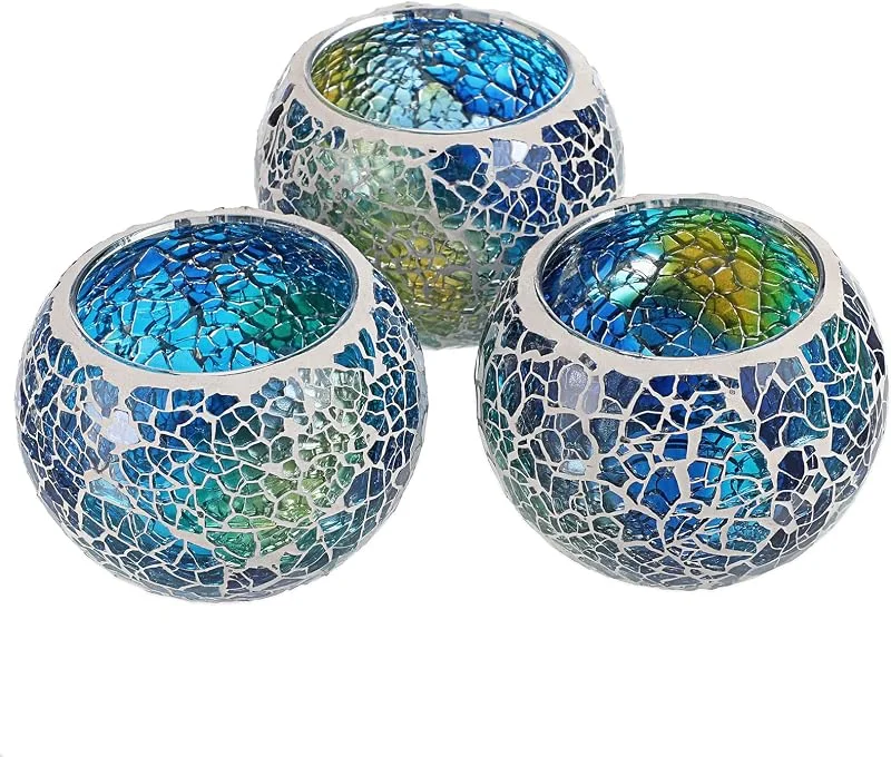 BSTKEY Juego de 3 portavelas de cristal con mosaico para velas de té, portavelas votivo decorativo, centro de mesa redondo para mesa, boda, fiesta, decoración del hogar (azul) — Cena a la luz de velas
