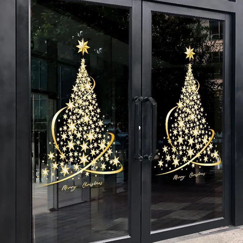 Cityhermit Calcomanías estáticas para ventana de árbol de Navidad para vidrio, calcomanías estáticas doradas para ventanas de árbol de Navidad, calcomanía adhesiva de bricolaje para pared, ventana — Decoracion Navidad