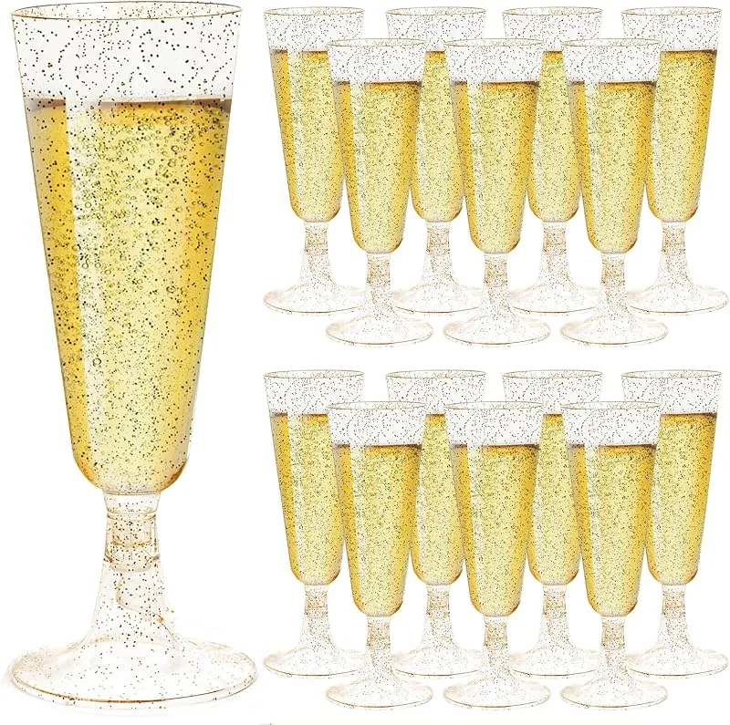 Atliberswo 20 copas de champán plastico doradas glitter 150ml para fiestas — Vino y mesa festiva