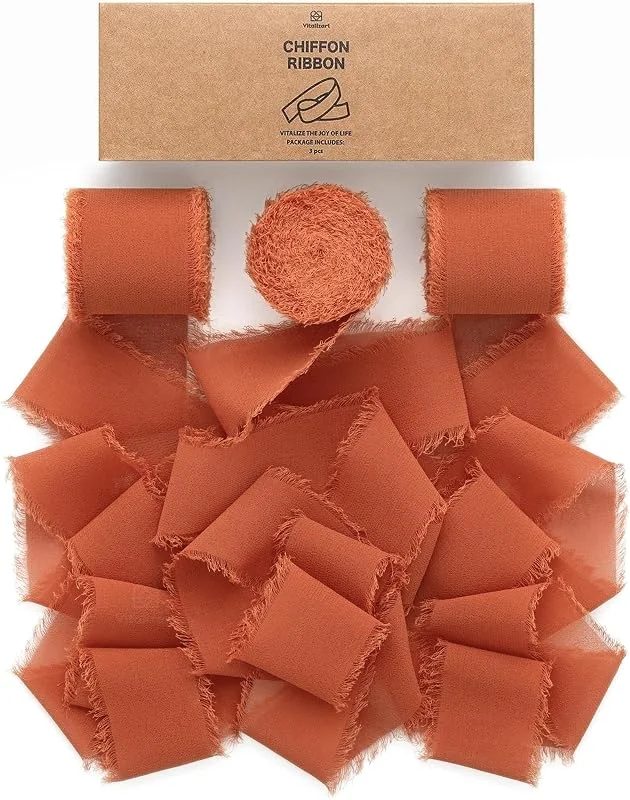 Visita la tienda de Vitalizart Vitalizart Cinta de Gasa de Seda Terracota, Hecha a Mano con Flecos, Total 3, 8 cm x 19, 2 m, Juego de Cintas para Invitaciones de Boda, Ramos de Novia, Regalos, Envoltorios, Bricolaje — Envoltorio regalo