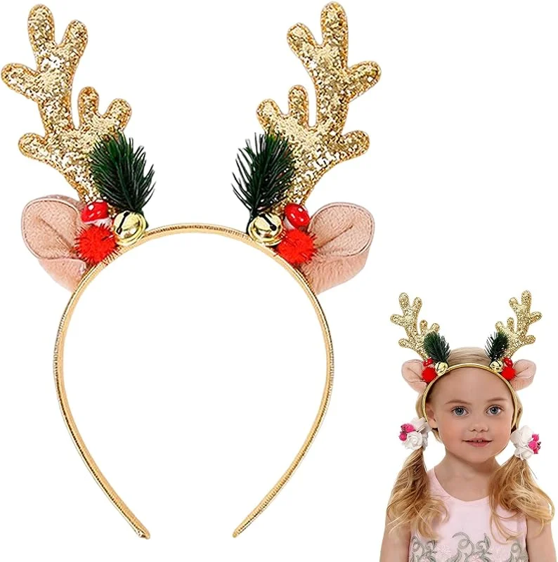 Myluatye Diadema de cuernos de reno, diadema de lentejuelas, cuernos de reno, orejas de ciervo, accesorio de pelo de talla única para fiestas de Navidad, adultos, niños y niñas, Dorado — Ropa Navidad