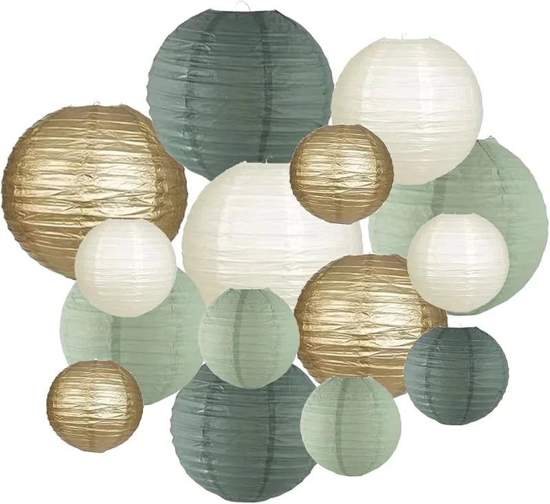 Puhzamey 15 farolillos de papel redondos, decoración vintage, color verde salvia, dorado y marfil, farolillos de papel colgantes, rústicos, fiestas de novia, fiestas de cumpleaños, decoración para fiestas de — Cena a la luz de velas