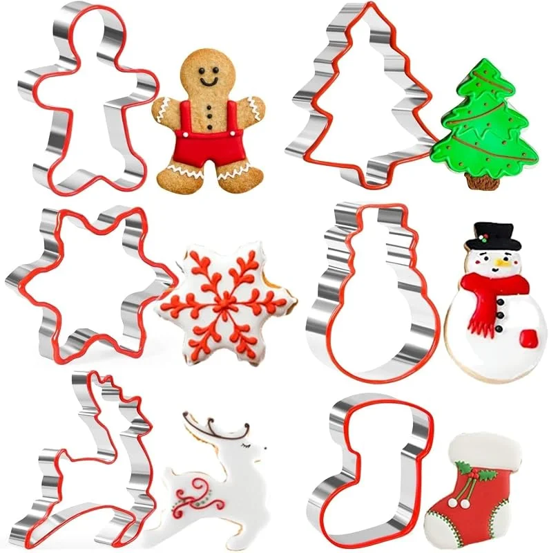 Keepatyart Juego de cortadores de galletas de Navidad, hombre de jengibre, árbol de Navidad, reno, copo de nieve, muñeco de nieve y calcetín de Navidad, cortador de galletas de acero inoxidable con silicona — Hogar y cocina