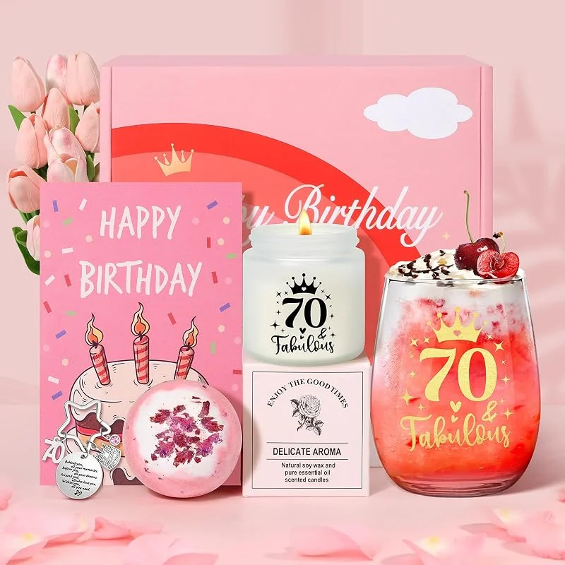 Tecanne Juego de regalo de 70 cumpleaños para mujer, copa de vino de cristal personalizada, caja de regalo de ginebra para jubilación, para mamá, abuela, hermana, mejores amigas — Vino y mesa festiva