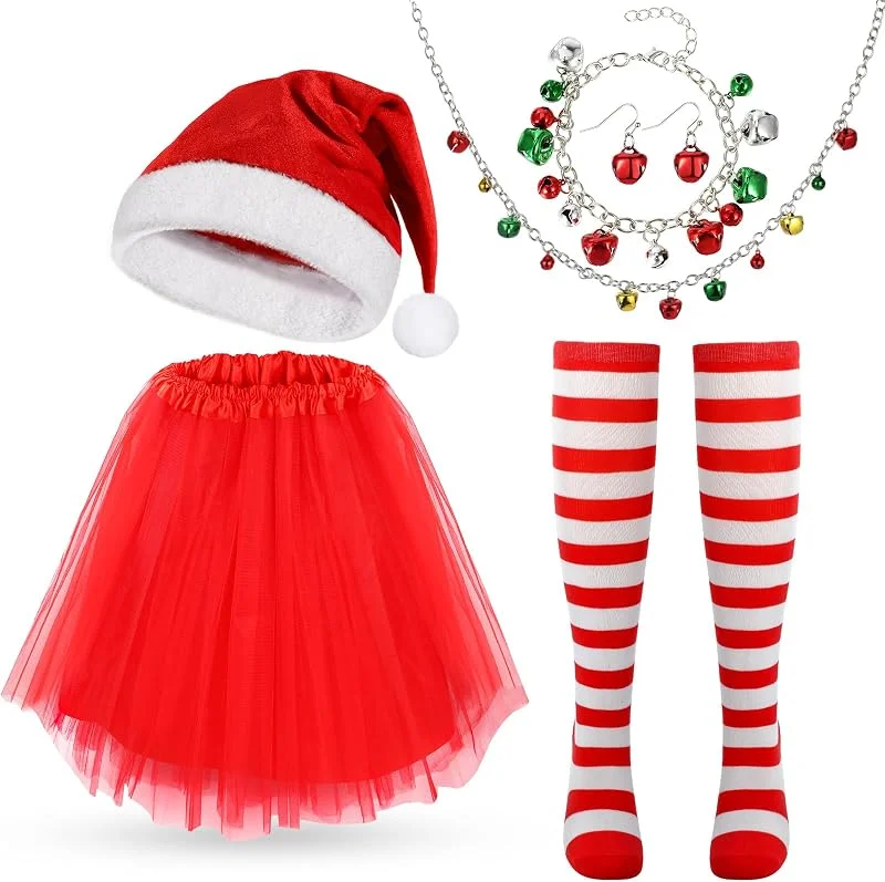 Hifot 6 Pack Disfraz Navidad Mujer, Gorro Navidad Tutu Rojo Calcetines Largos Rayas Navidad Campanas Pendiente Pulsera Collar Conjunto para Mujeres Niñas, Ropa Navidad Adultos para Fiesta de Navidad Xmas