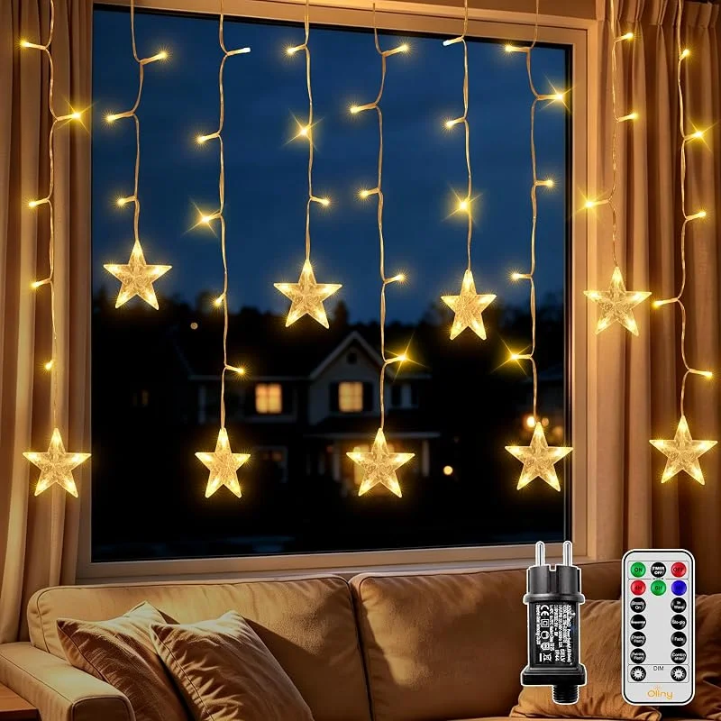 Ollny Cortina de luces de estrellas, 2 m, decoración navideña con 100 ledes, luz blanca cálida, 8 modos, temporizador y regulable, IP44 para ventanas, dormitorios, balcones, fiestas, bodas, terrazas — Decoracion Navidad