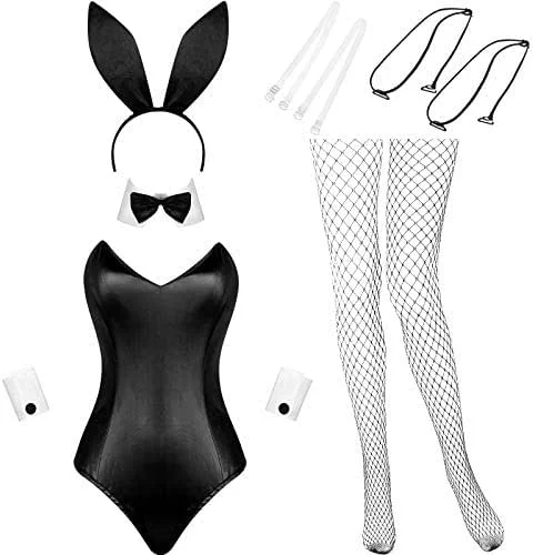 Geyoga Set de Disfraz de Conejita de Anime de Halloween de Mujer Body Diadema Medias de Navidad Fiesta Cosplay (Blanco y Negro, S) — Ropa Navidad