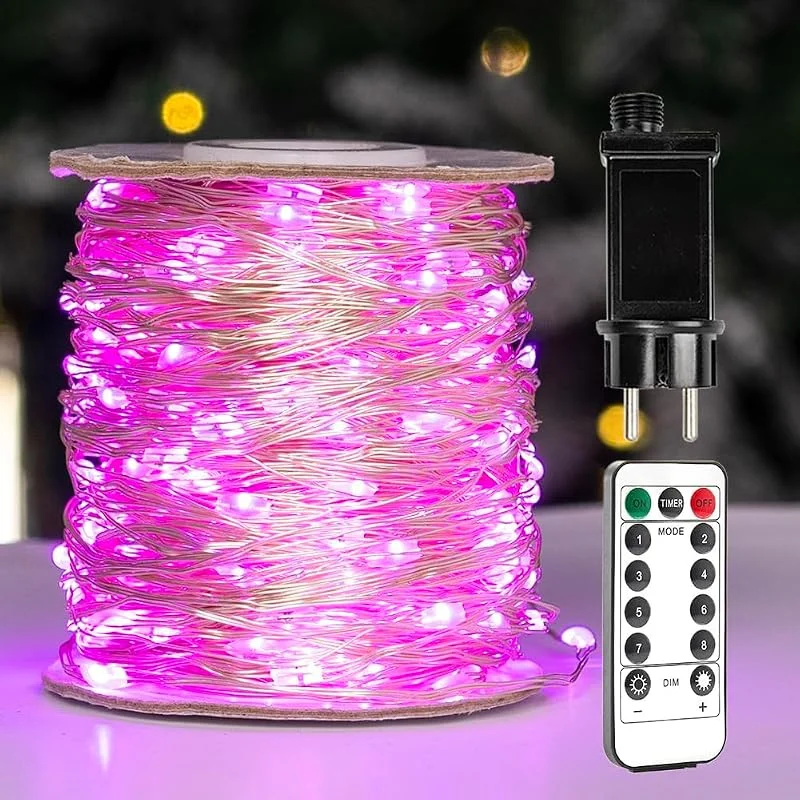 Visita la tienda de ZELUXDOT Cadena de luces LED de alambre largo plateado con enchufe, 8 modos para bodas, interiores, exteriores, árbol de Navidad, patio, porche, jardín, decoración (600LED, 60m, rosa) — Luces Navidad