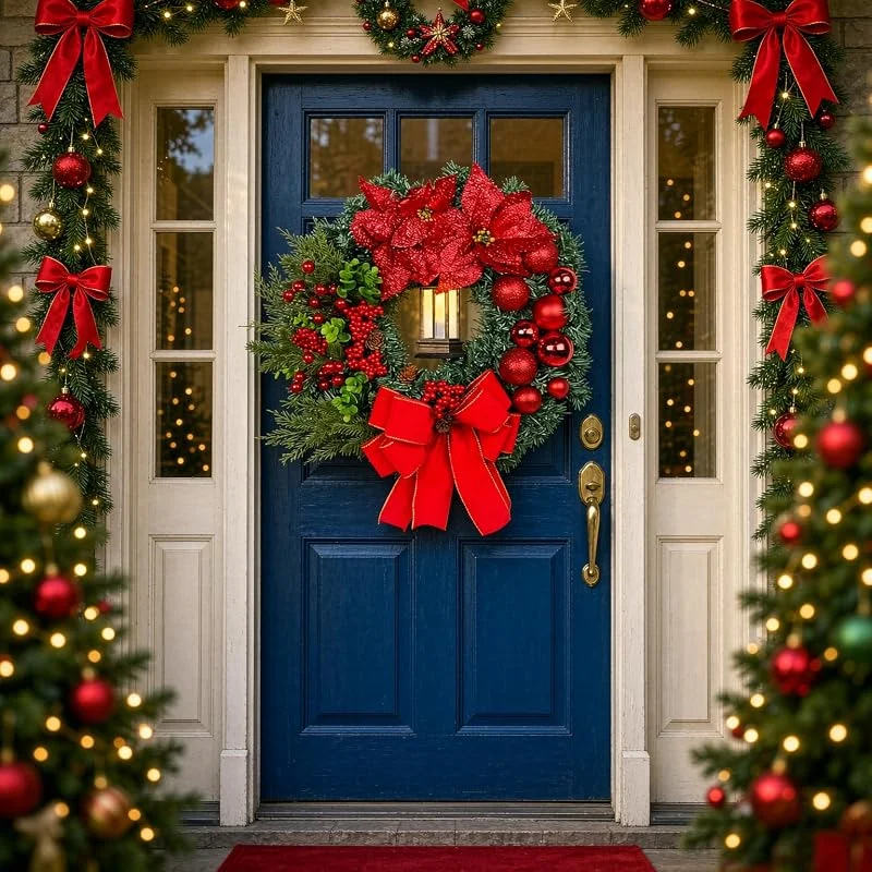 EHIOG Corona de Navidad 40 cm con Luces LED, Corona Navideña Artificial Reutilizable para Puerta de Entrada, Pared y Ventana — Decoracion Navidad