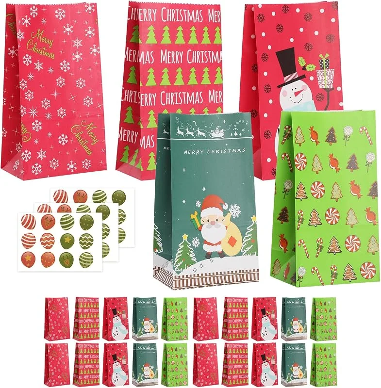 WD&CD 25 PCS Navidad Bolsas de Regalo de Papel, Bolsitas para Regalos con 36 Pegatinas Navideñas, Navideñas Bolsas para Chuches para Regalos, Fiesta de Navidad, Celebración, Boda — Envoltorio regalo