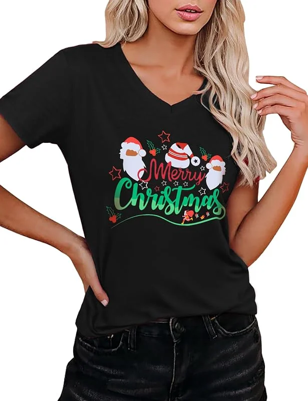 Visita la tienda de Crewhpo Camisetas Navidad Mujer Manga Corta Cuello en V Estampado Xmas — Ropa Navidad