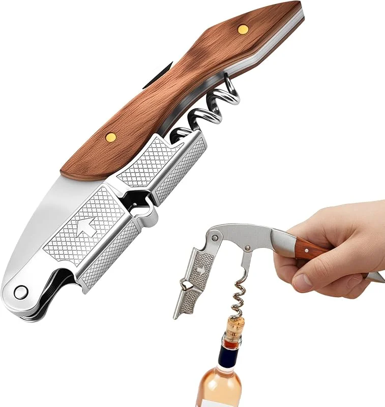 Horktrust Sacacorchos Camarero Profesional 3 en 1 – Sommelier con Cortacápsulas y Doble Palanca – Abridor de Vino Plegable de Acero Inoxidable y Madera – Abrebotellas para Bar, Restaurante y Hogar — Vino y mesa festiva