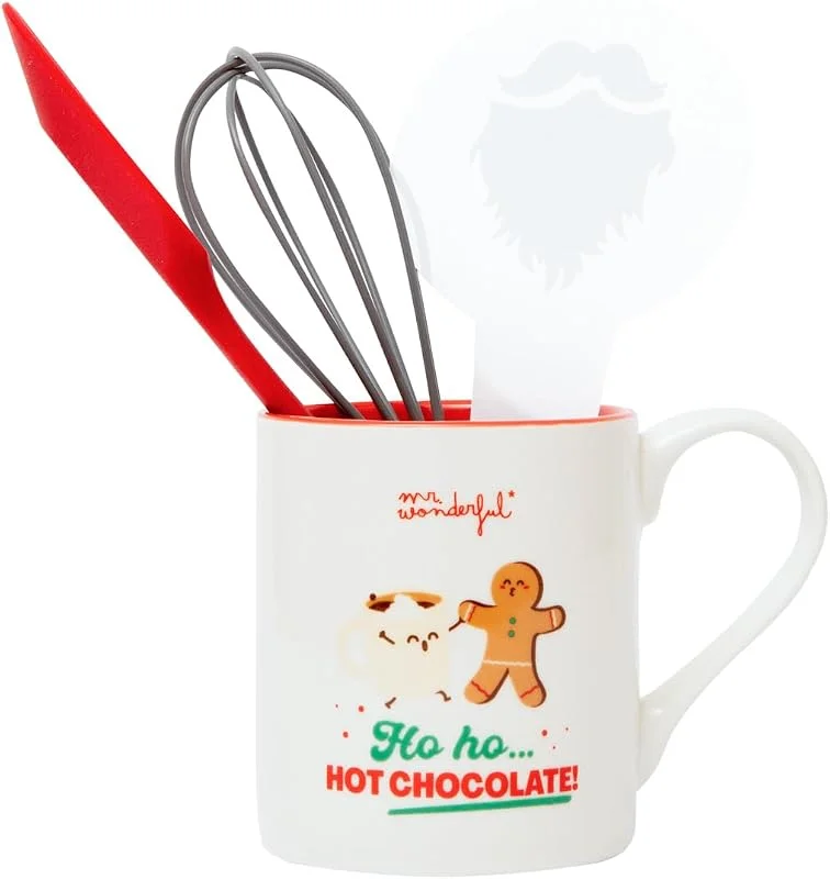 Visita la tienda de Mr. Wonderful Mr. Wonderful - Set de taza + utensilios para hacer chocolate caliente - Ho ho… hot chocolate! - Batidor, Espátula de silicona, Plantilla para Decorar — Adviento y mesa