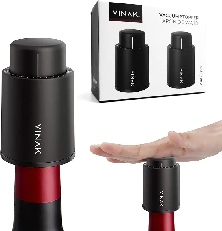 Visita la tienda de VINAK VINAK - (2 UNIDADES) Tapón de vino de vacío TIME, Mejora la conservación de vinos extrayendo el oxígeno de la botella, Permite registrar el día del cierre Reutilizable — Vino y mesa festiva