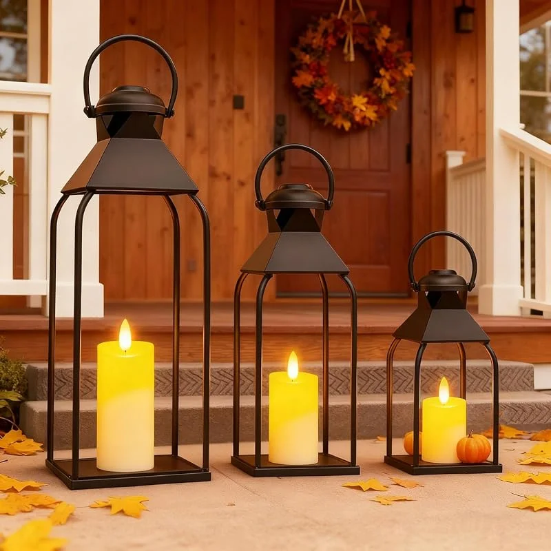 Visita la tienda de Gugxiom Gugxiom Farolillos de metal para interior y exterior, juego de 3 farolillos de jardín negros, sin cristal, para salón, terraza, balcón, decoración de boda de Navidad en interiores (44 + 35 + 25 cm) — Cena a la luz de velas