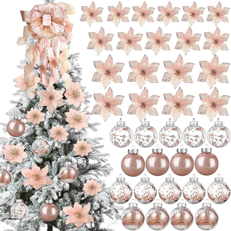 Geosar Juego de 49 Piezas de decoración de árbol de Navidad de Oro Rosa Que Incluye decoración para árbol de Navidad, 24 Flores de Navidad con Purpurina, 3 tamaños, 24 Adornos de Bola de Navidad de 2.36 — Decoracion Navidad