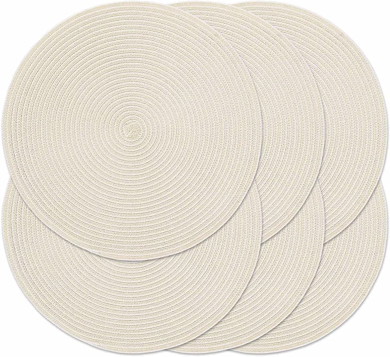 Noctiflorous Juego de 6 manteles individuales redondos de 15 pulgadas, trenzados, resistentes al calor, para interiores y exteriores, antideslizantes, para mesa de comedor (beige y blanco, 6) — Hogar y cocina