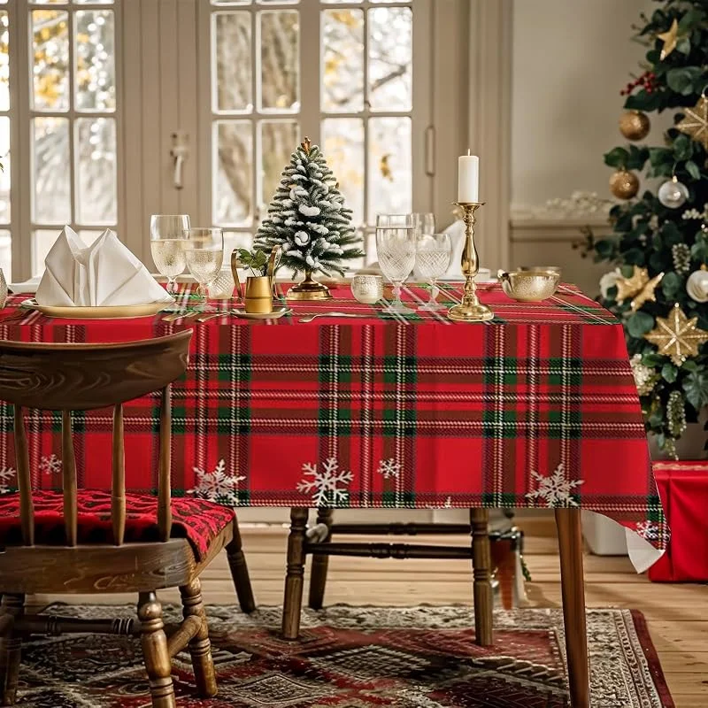 AIBIIN Mantel de Navidad a Cuadros para cenas Familiares, tartán Rojo, Copos de Nieve, Impermeable, para Comedor, Picnic, Fiesta de cumpleaños, Suministros de decoración de Mesa 142x213cm — Hogar y cocina