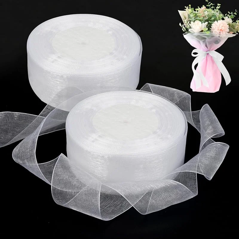 Jinsion 2 Rollos Cinta De Organza 4cmx45m Cinta Organza Purpurina Cinta Blanca Tela — Envoltorio regalo