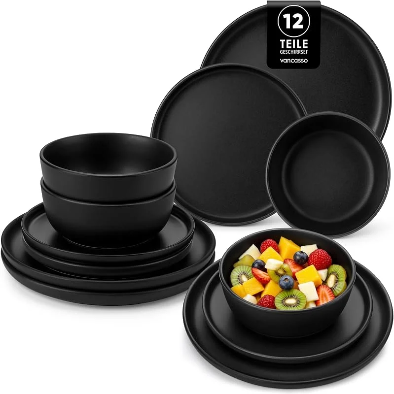 Visita la tienda de vancasso vancasso PLAYA Vajillas Completas 4 Personas, Platos Vajilla Modernas 12 Piezas de Gres - 4 Platos Llanos, de Postre y Cuencos, Apto para Lavavajillas - Esmaltado Reactivo Negro — Adviento y mesa