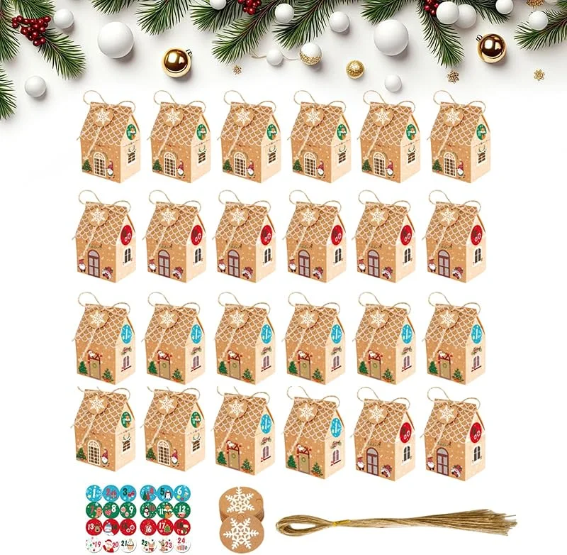 BAOSROY Caja Regalo Navidad, 24pcs Cajas Dulces de Papel Kraft de Navidad, Cajas Regalo de Fiesta de Navidad, Cajas de Papel de Fiesta de Navidad, para Envolver Regalos Dulces Chocolate Galletas Postre — Envoltorio regalo