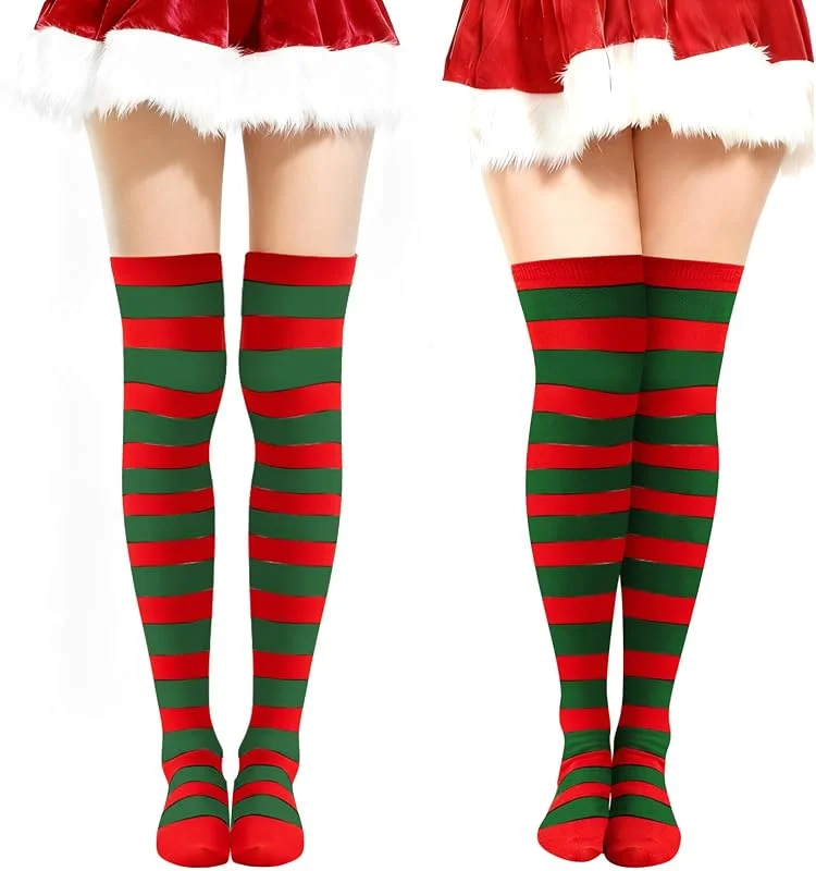 QIZHIQIAMY 2 Pares Medias Rayas Elfo Mujer Calcetines Navideñas Hasta La Rodilla Medias de Duende para Mujeres, Adolescentes, Fiestas y Uso Diario — Ropa Navidad