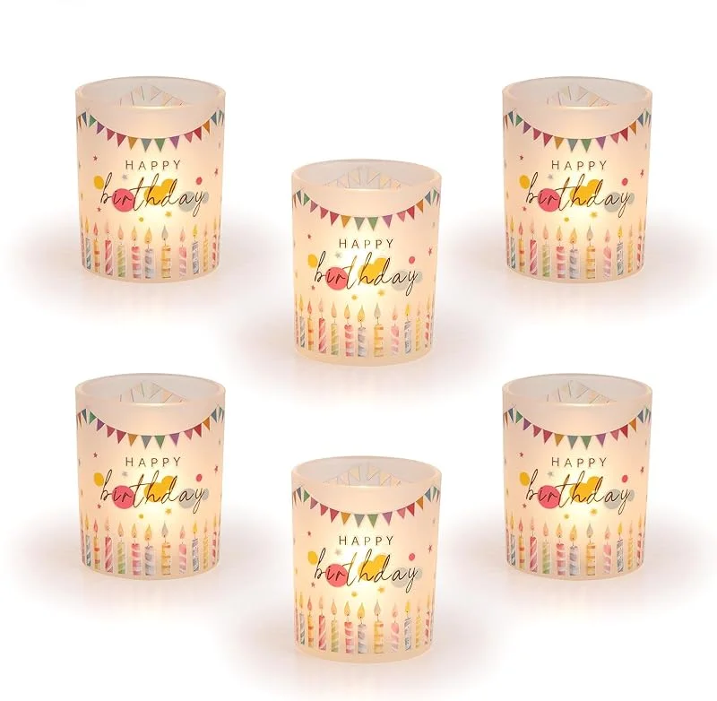 Romadedi Portavelas de cristal para velas de té, decoración de mesa: con diseño de feliz cumpleaños, portavelas para velas, 6 unidades (alto x diámetro): 7, 4 cm y 5, 7 cm — Cena a la luz de velas