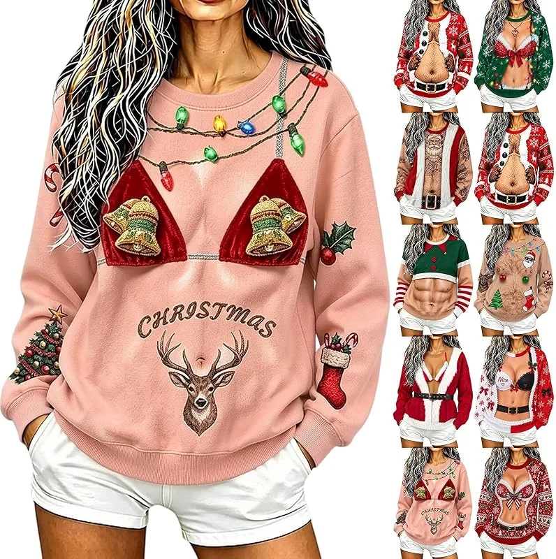 Generic Feo Navidad Sudaderas Mujeres Peludo Pecho Vientre Bikini Impresión Navidad — Ropa Navidad