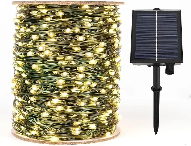 Visita la tienda de ZELUXDOT Cadena de luces solares extra largas de alambre verde para exteriores, 60m, impermeable, funciona con energía solar, 600 luces LED para patio, jardines, patio, árbol, boda, Navidad — Luces Navidad