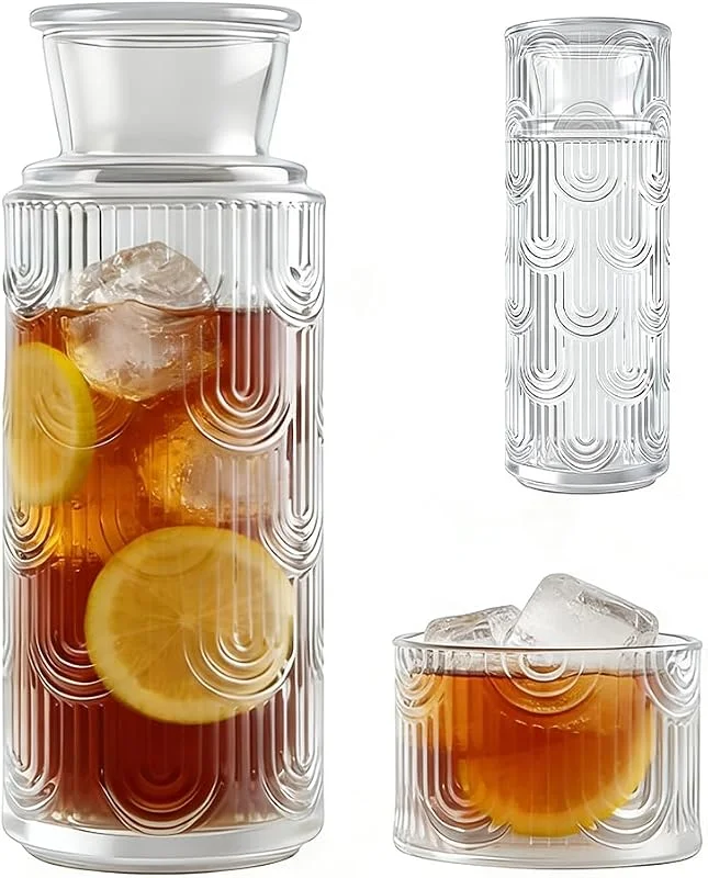 Wapasezyar Juego de jarra de agua para mesita de noche con vaso de cristal, juego de taza de noche, 640 ml, botella de enjuague bucal, jarra, para té helado, leche, café, vino, habitación de invitados — Vino y mesa festiva
