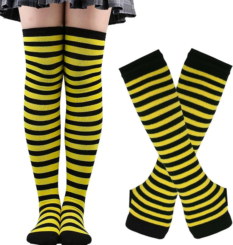 Visita la tienda de Thajaling Calcetines para mujer, Guantes sin dedos a rayas, Juego de calcetines altos hasta la rodilla, Calcetines largos a rayas para cosplay de niñas, Guantes mitones para Halloween — Ropa Navidad