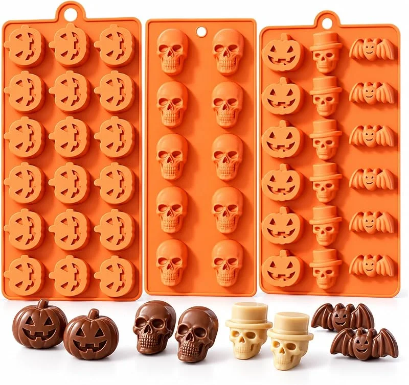 Visita la tienda de YXHZVON YXHZVON Molde de Chocolate para Halloween, 3 Piezas de Molde de Silicona para Hornear, Molde de Calabaza, Murciélago y Calavera de Halloween para Chocolate, Dulces, Gelatina — Hogar y cocina