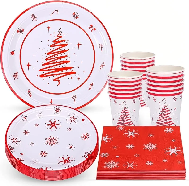 KAHEIGN 100 Piezas Vajilla de Papel para Fiestas Navideñas, 25 x 23CM Platos Grandes, 25 x 18CM Platos de Ensalada, 25 x 270ml Vasos, 25 x 16CM Servilletas - para Festivo Navidad Fiesta Decoración — Adviento y mesa