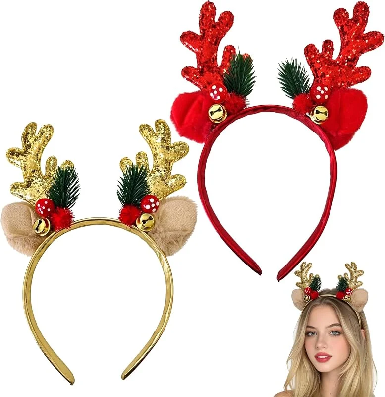 EceoThsy Set De 2 Diademas Navideñas Con Cuernos De Reno Brillantes, diseño Festivo Con Lentejuelas Y Detalles Decorativos, Para Fiestas, Fotos Y Eventos De Navidad — Ropa Navidad