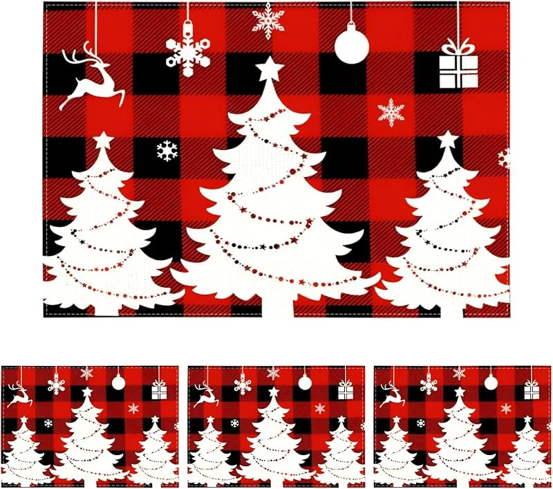 Pwsap Juego de 4 Manteles Individuales de Lino Navideños, Cuadros Búfalo Árboles de Navidad Salvamanteles Individuales, Rojos Salvamanteles de Mesa para Fiestas Navideñas Mesa de Cocina Hogar Decor, 45x30cm — Hogar y cocina