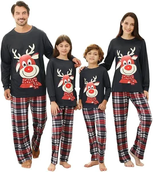 DDKJ Pijama Navidad Familia, Pijama Familiar a Juego con Estampado de Reno con Bufanda, Pijamas Navideños Familia Top Azul Oscuro, Pantalón de Cuadros Rojos y Azules, Pijamas Navidad Niños, Adultos — Ropa Navidad