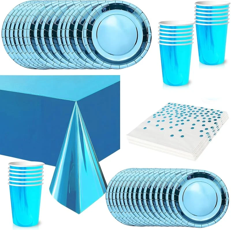 COSORO 65 piezas Juego de Vajilla Desechable Azul Foil, Platos Desechable Decoración Cumpleaños Fiesta Compostables, Platos Servilletas Biodegradable Copa de Papel y Mantel, para Bodas, Picnics, Baby Shower — Adviento y mesa