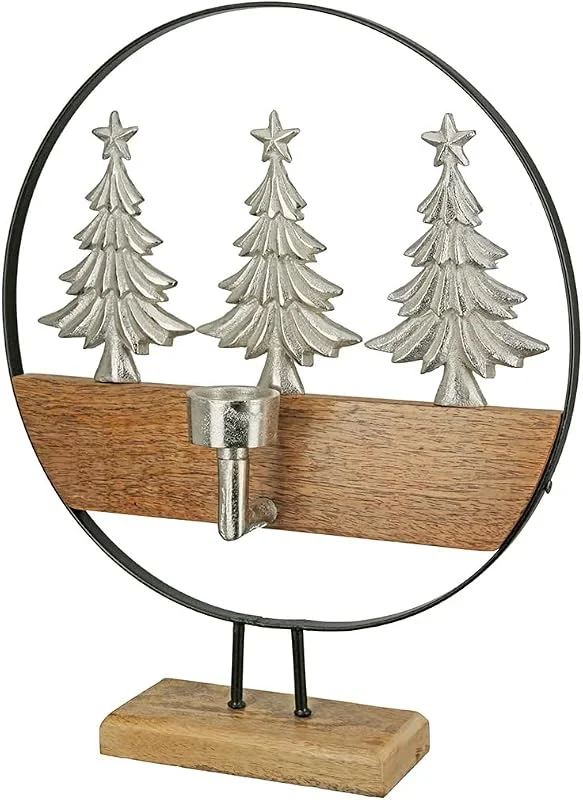 GILDE Candelabro de Madera para decoración navideña, diseño de abetos de Aluminio, Color: marrón y Plateado, decoración de Mesa, Altura 43 cm — Cena a la luz de velas