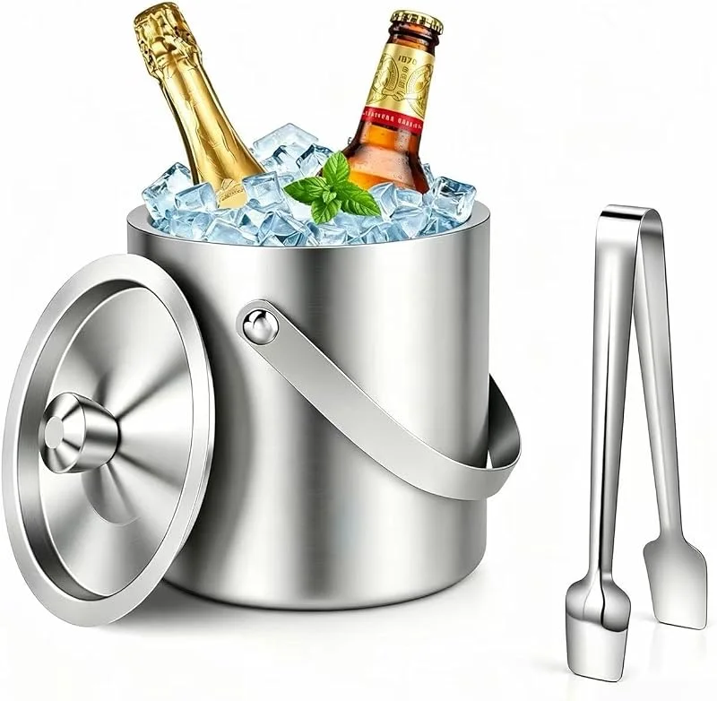 KESTY Cubitera de acero inoxidable 304 con doble pared, tapa y pinzas para hielo, ideal para bares en casa, fiestas y cócteles — Vino y mesa festiva