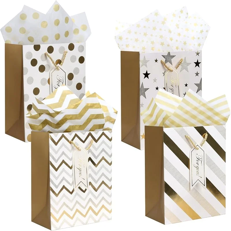 ZWQLZG 4 Piezas Bolsas Regalo con Papel De Seda, Bolsas De Papel De Tamaño Mediano 22.8×18×10cm, Bolsas De Regalo De Oro Blanco, Bolsas De Regalo con Asas, para Compras, Fiestas, Bodas, Regalos De Vacaciones — Envoltorio regalo