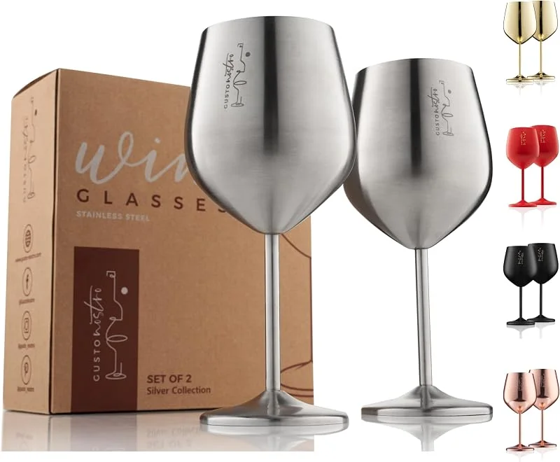 Visita la tienda de Gusto Nostro Copas de vino de acero inoxidable – Copas irrompibles de 18 onzas para fiestas al aire libre en la piscina, aniversarios - Elegante vajilla en tono plateado para champán y cócteles (juego de 2) — Vino y mesa festiva