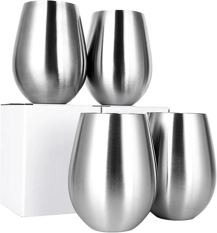 JMIATRY Juego de 4 copas de vino de acero inoxidable, 18 onzas, 532 ml, grandes, irrompibles, copas de vino tinto, copas de vino sin tallo para uso diario, picnic al aire libre y regalo de Navidad — Vino y mesa festiva