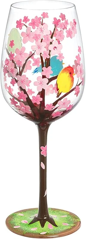 Visita la tienda de NymphFable NymphFable Copa de Vino Pintada a Mano Flores de Cerezo Pájaros Regalos de Cumpleaños para Esposa Novia 15 oz — Vino y mesa festiva