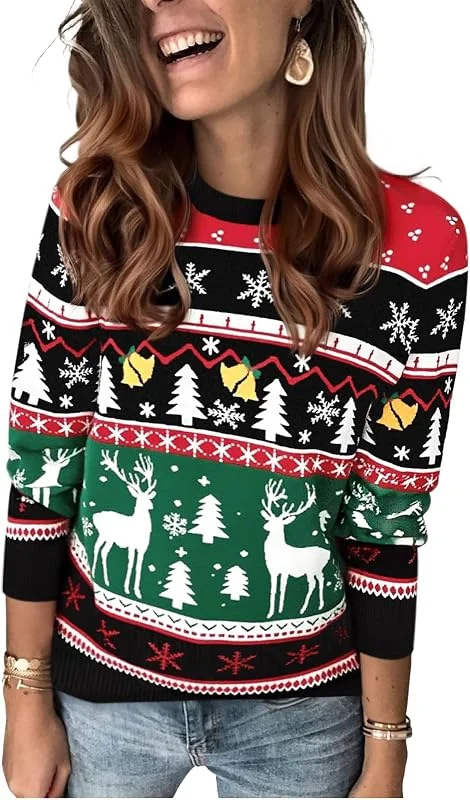 Visita la tienda de Saodimallsu Saodimallsu Jersey de Navidad para Mujer, Cuello Redondo, Manga Larga, Punto de Renos, suéter de Invierno, Informal, cálido — Ropa Navidad