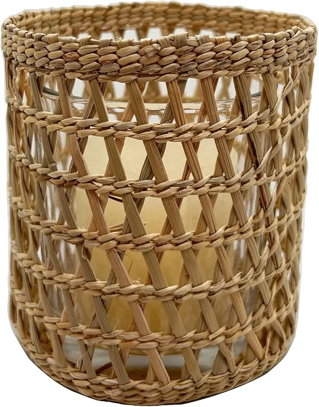 KiaoTime Portavelas de té tejido de ratán, portavelas decorativo tejido a mano, portavelas votivo rústico vintage de hierba marina para mesa de comedor, decoración de cocina, bandeja de servir — Cena a la luz de velas